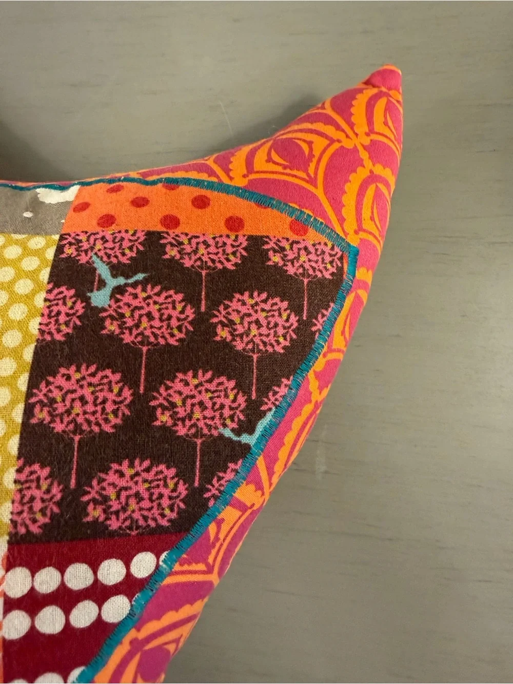 Handmade Patchwork Bird Accent Pillow Boho Folk Art Whimsical Bird Button Eye